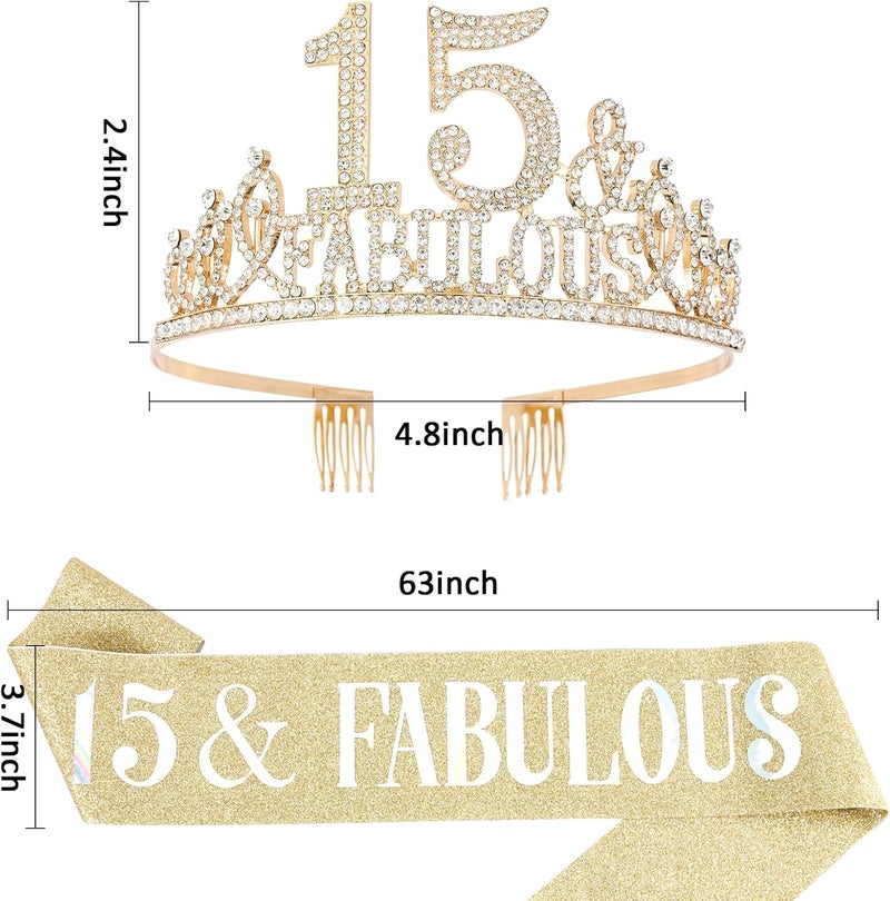 Hapdoo 15th Birthday Decorations for Women, 15th Birthday Gifts Sash and Crown for Women Set, 15 & Fabulous Party Supplies, Gold - Image 3